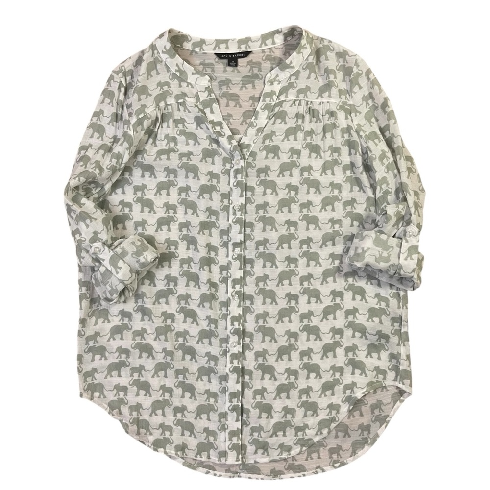Zac & Rachel Elephant Print Sheer Tunic Blouse Roll Tab Sleeve Size M - Picture 6 of 10